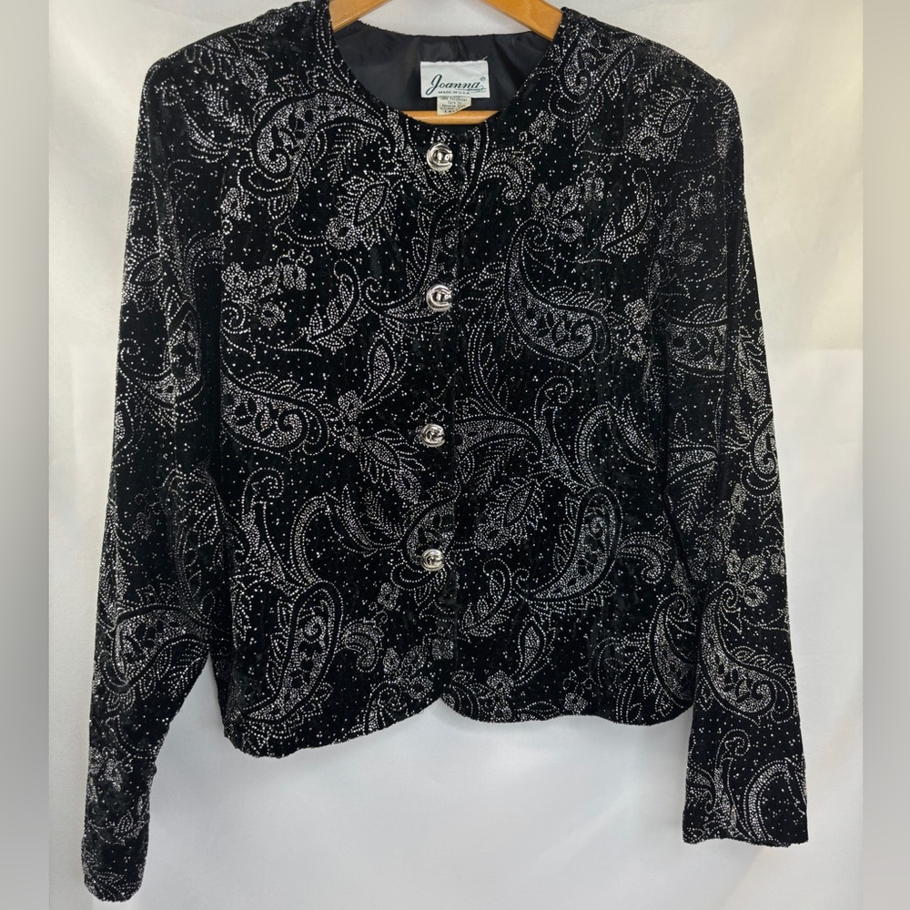 Vintage Joanna Black Velvet Silver Paisley Glitter Jacket Women's Large USA